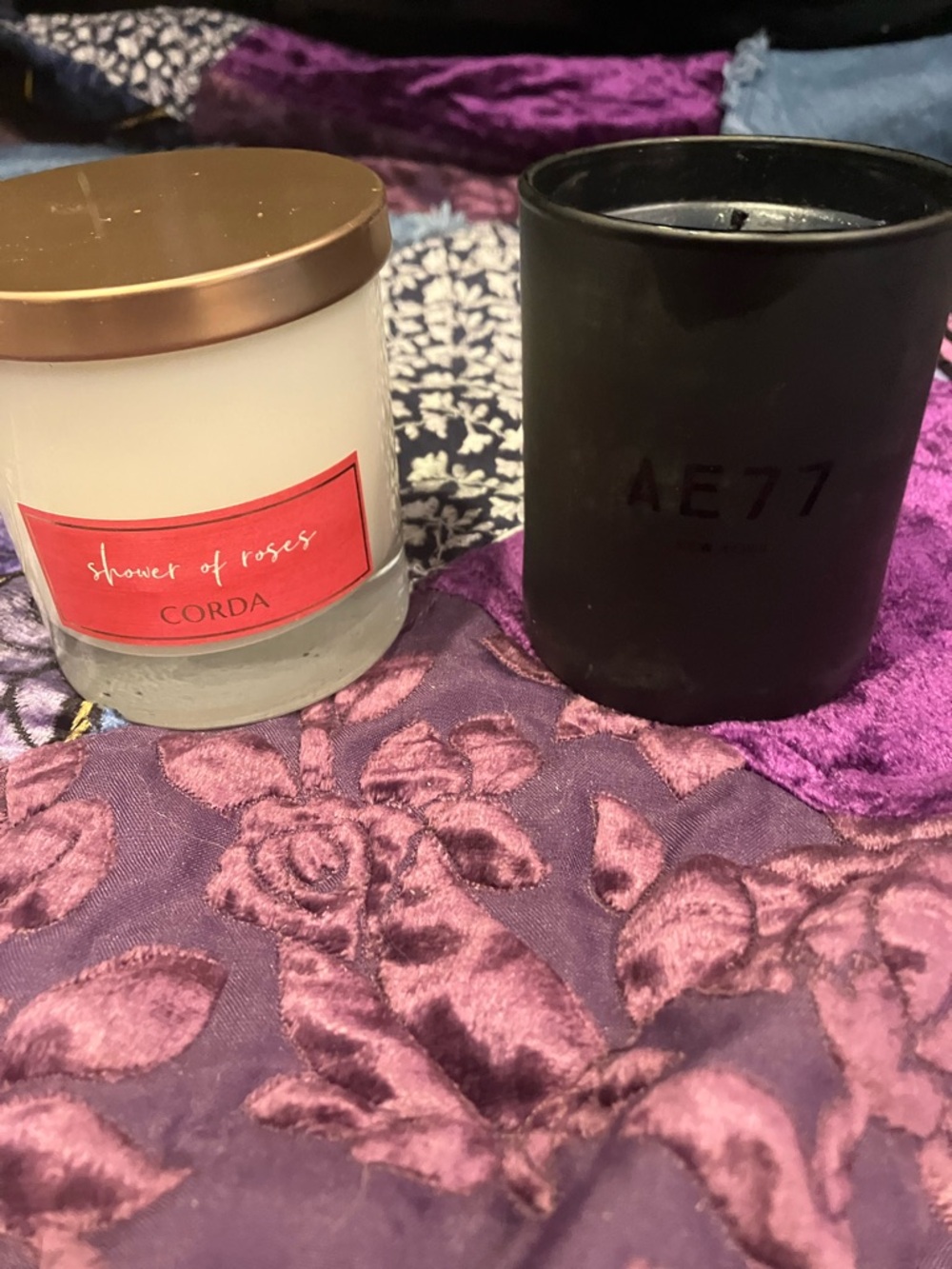 Shower of Roses Scented Corda Candle - White with Gold Lid and AE 77 candle NEW